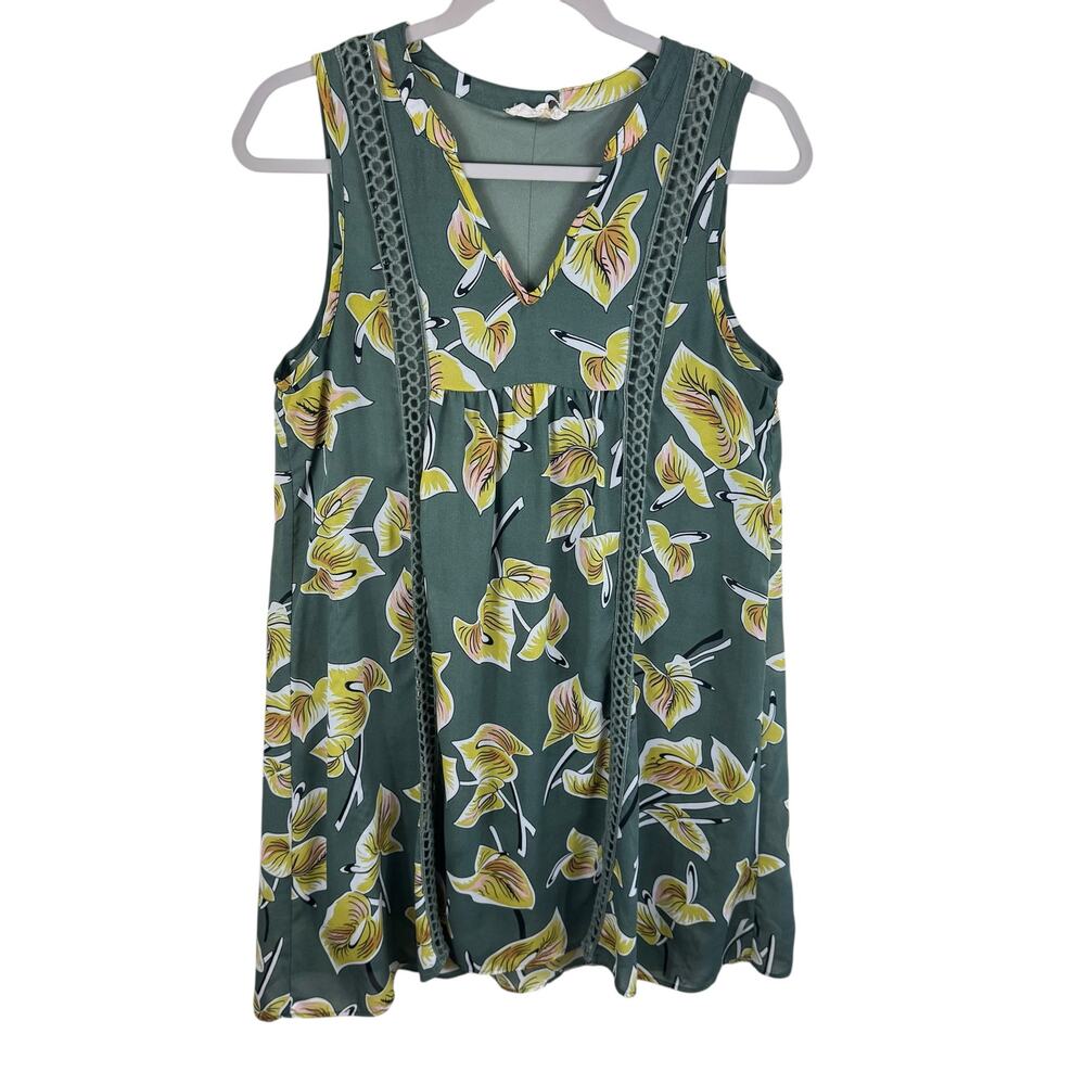 Entro Green Floral Sleeveless Lined Split Neck Crochet Pullover Mini Dress Small